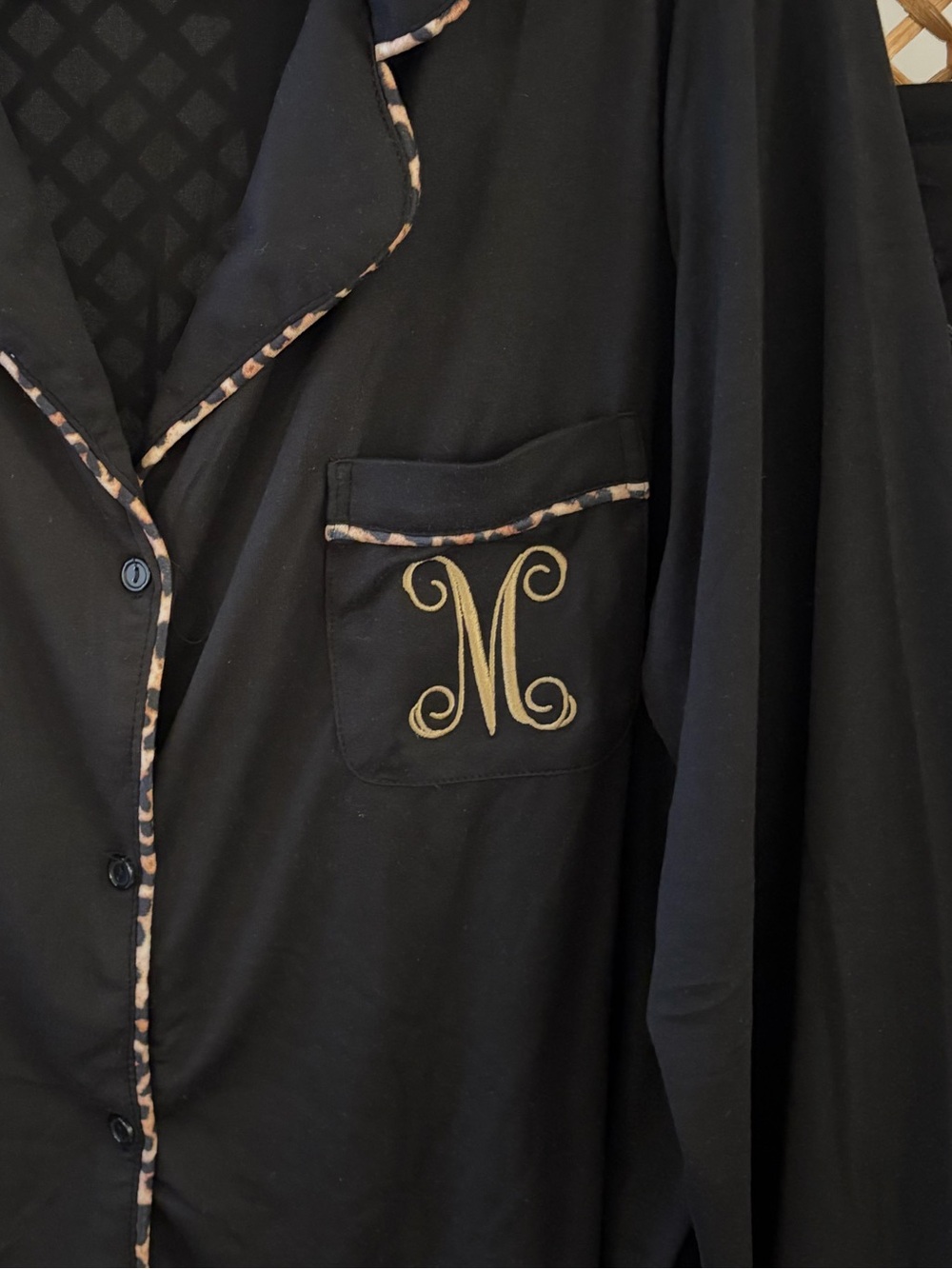 NWOT Black w/ Leopard Trim PJ Set w/ letter M Embroidered on Front Pocket - Picture 4 of 9